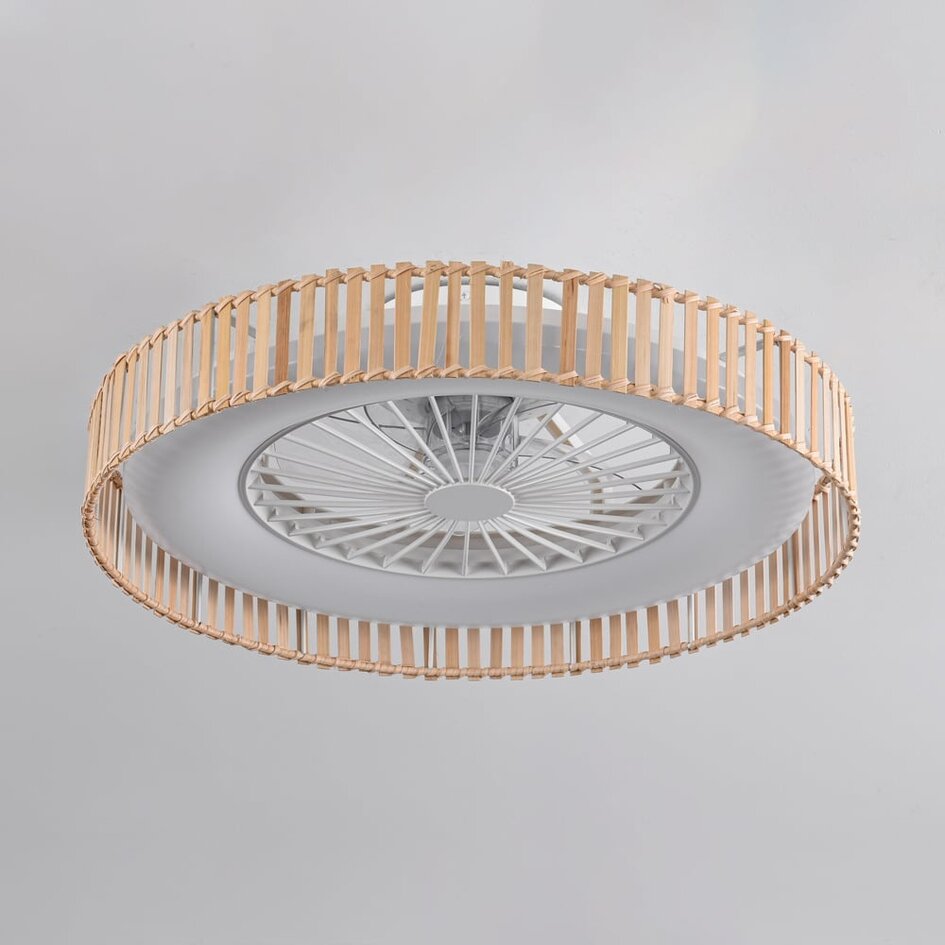 Ventilateur de plafond Cakir avec effet stéréo et température de couleur réglable - abat-jour en bambou brun clair