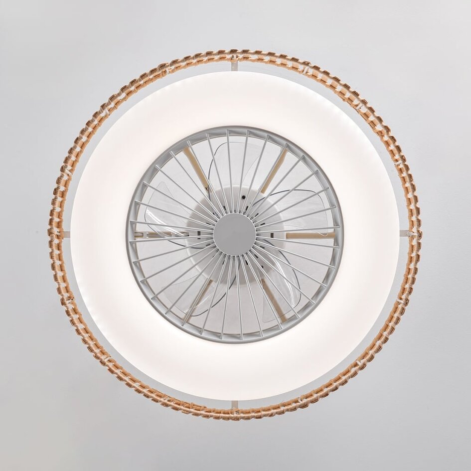 Ventilateur de plafond Cakir avec effet stéréo et température de couleur réglable - abat-jour en bambou brun clair