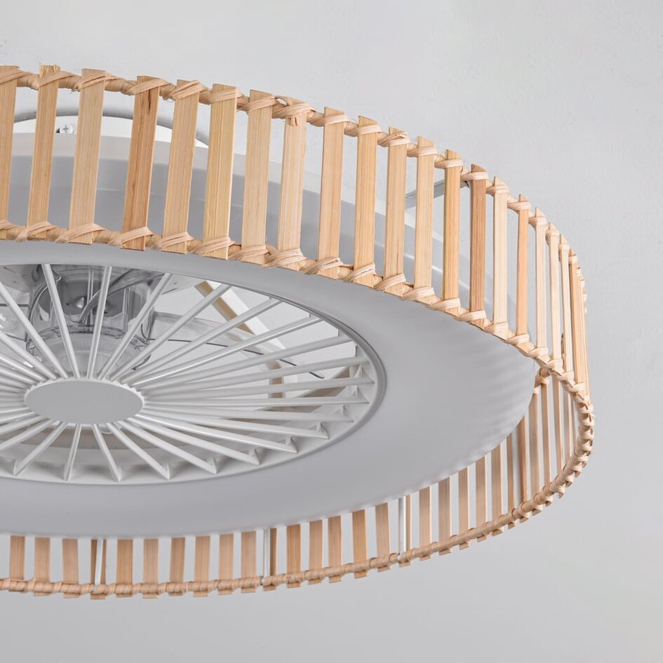 Ventilateur de plafond Cakir avec effet stéréo et température de couleur réglable - abat-jour en bambou brun clair