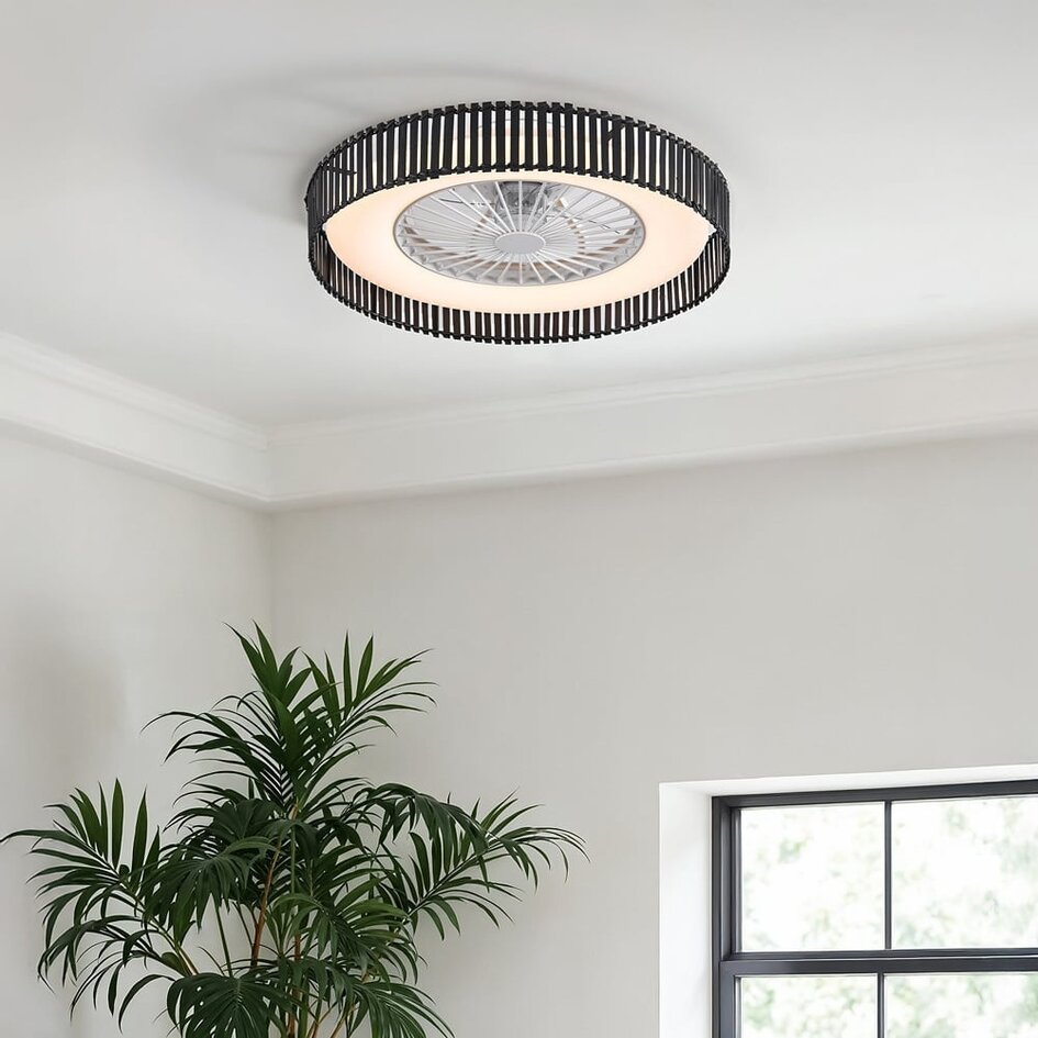 Ventilateur de plafond Cakir avec effet stéréo et température de couleur réglable - abat-jour en bambou noir