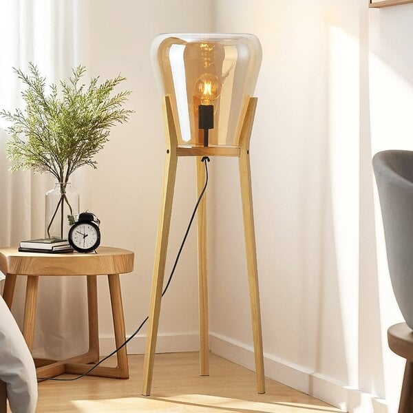 Lampadaire Ditta en bois avec verre ambré