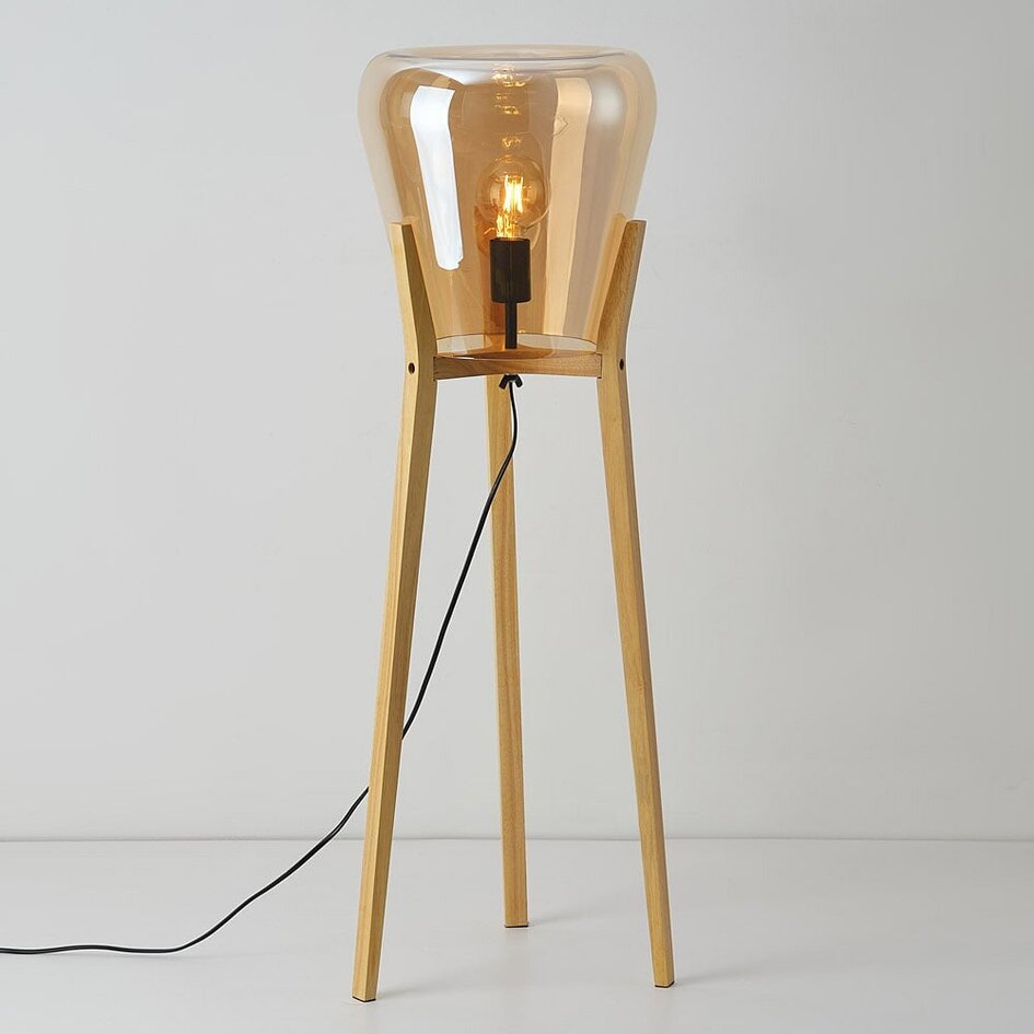 Lampadaire Ditta en bois avec verre ambré