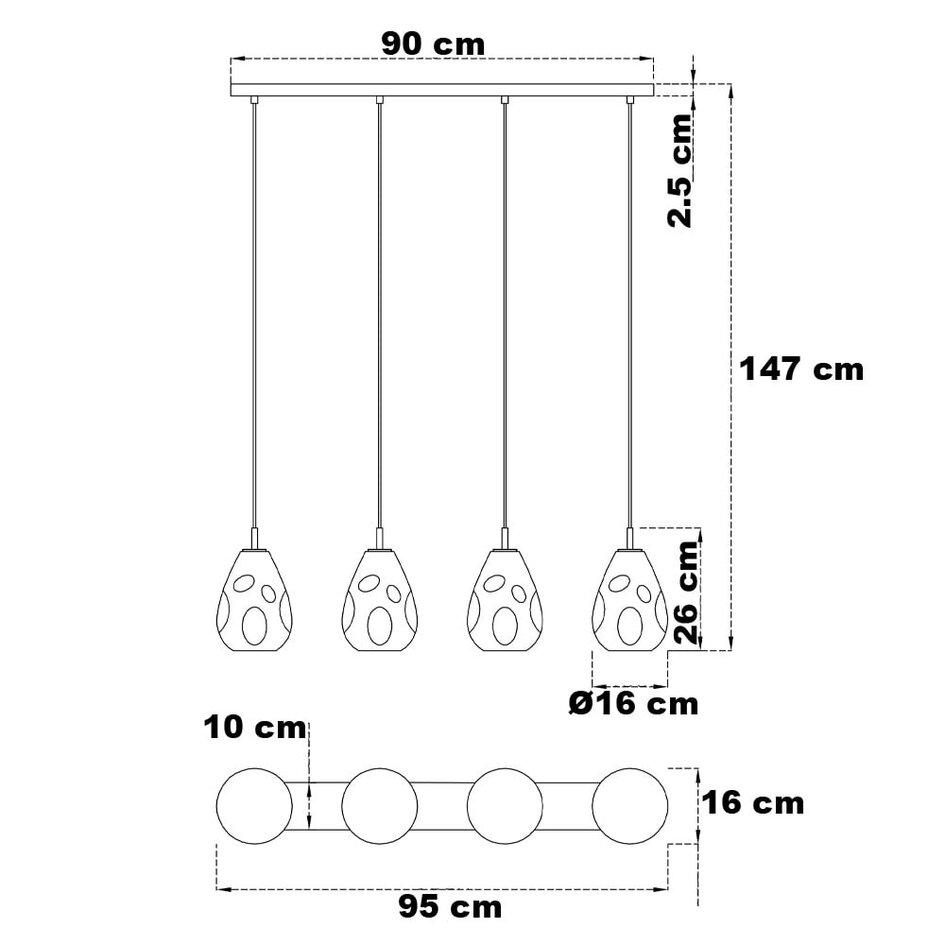 Suspension moderne en verre noir avec verre ambré, 4 lumières - Faliste