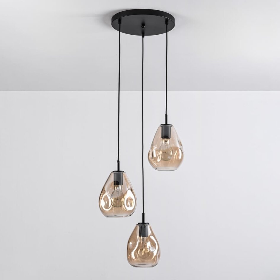 Lampe suspendue design noire avec verre ambré, 3 lumières - Lainas