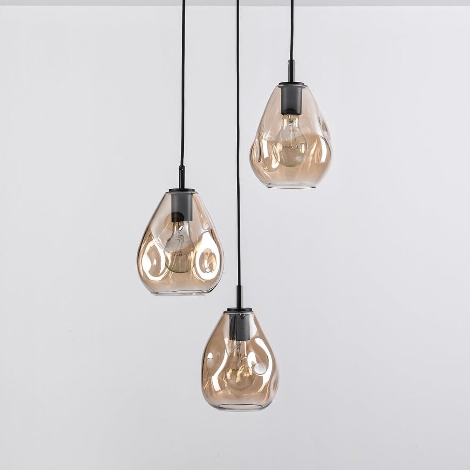 Lampe suspendue design noire avec verre ambré, 3 lumières - Lainas
