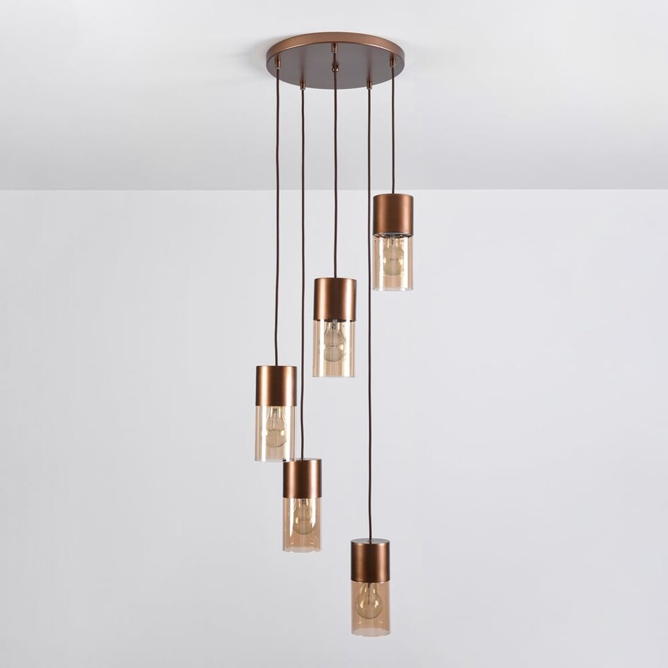 Suspension Cortado 5 lumières - brun café et verre ambré