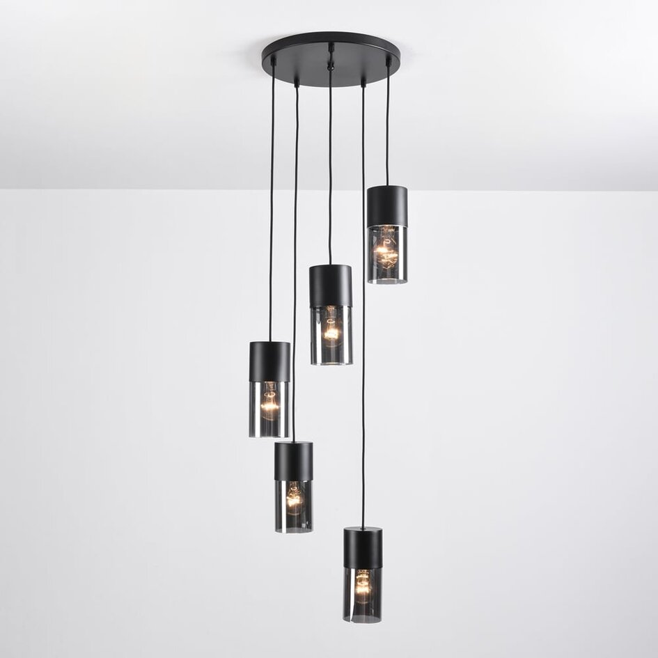 Lampe suspendue industrielle noire avec verre fumé, 5 lumières - Cortado