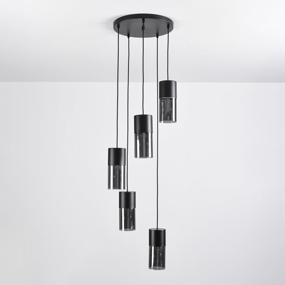 Lampe suspendue industrielle noire avec verre fumé, 5 lumières - Cortado