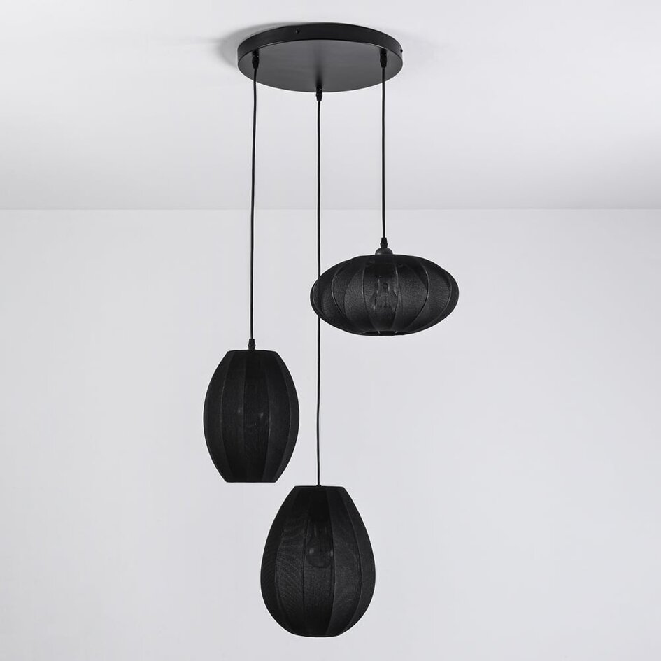 Suspension japandi à 3 lumières avec lanternes en tissu noir - Fabrica