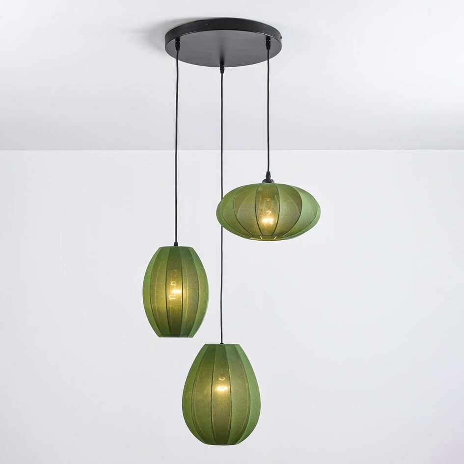 Suspension japandi à 3 lumières avec lanternes en tissu vert - Fabrica