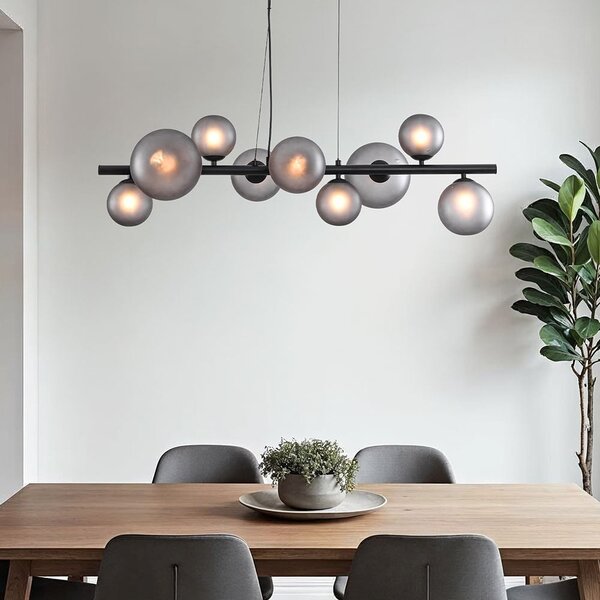 Suspension design en verre, 9 lumières, noir avec verre mat gris - Givree