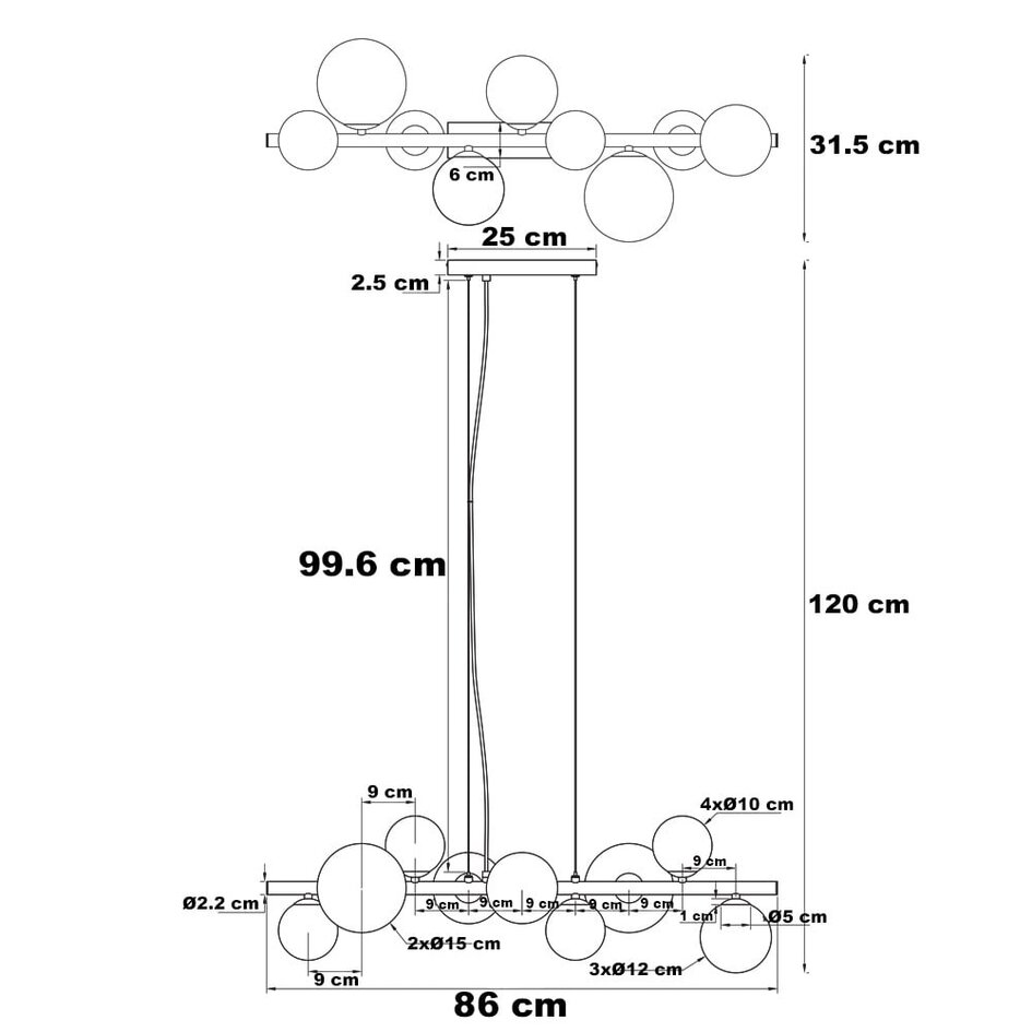 Suspension design en verre, 9 lumières, noir avec verre mat gris - Givree