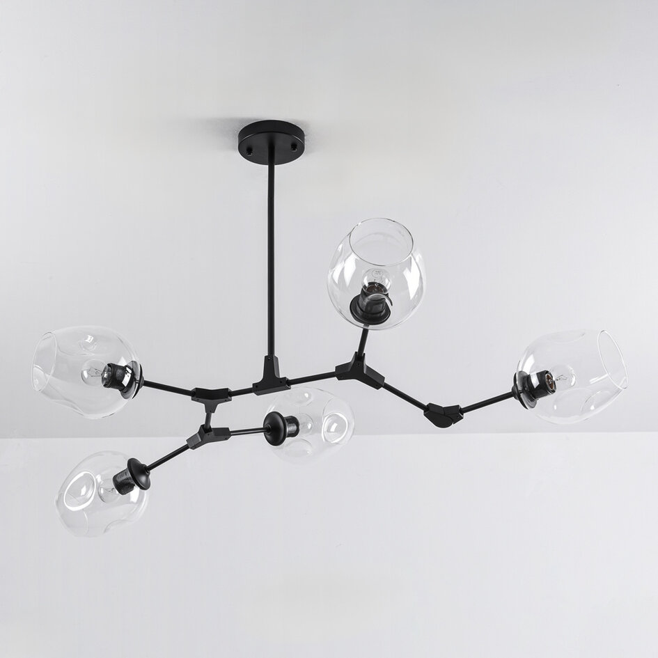 Suspension design 5 lumières en noir avec verre transparent - Salome