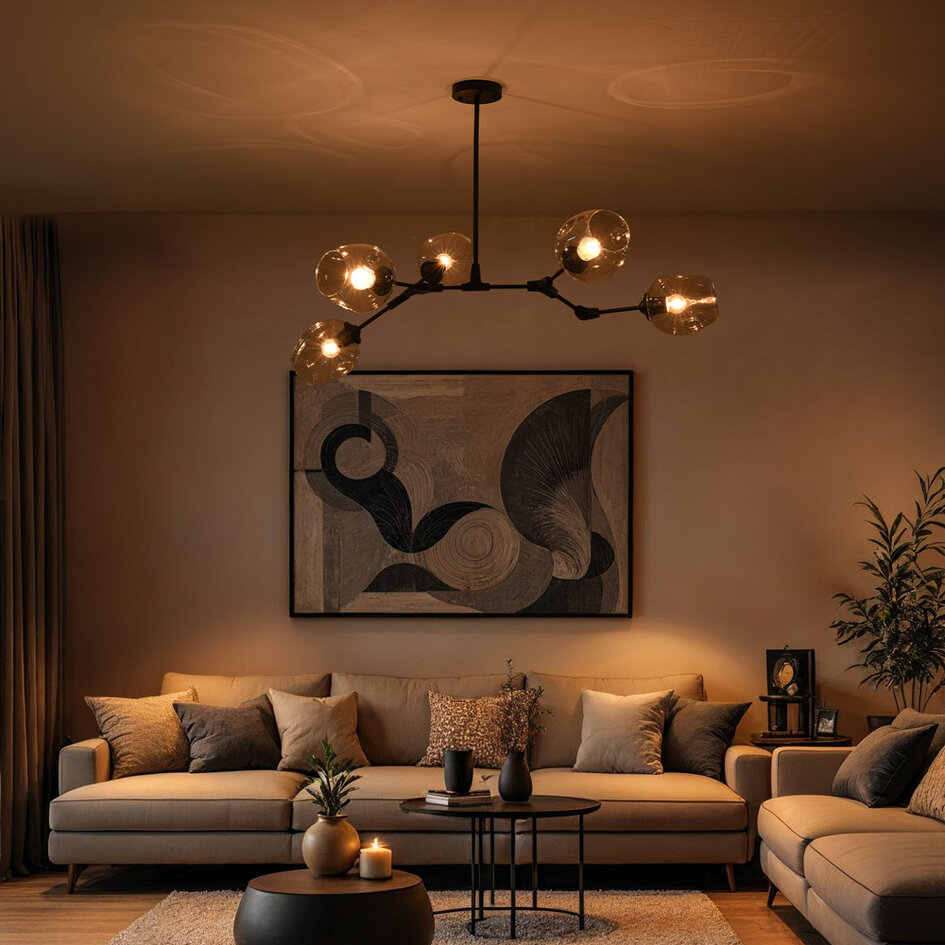 Suspension design 5 lumières en noir avec verre transparent - Salome