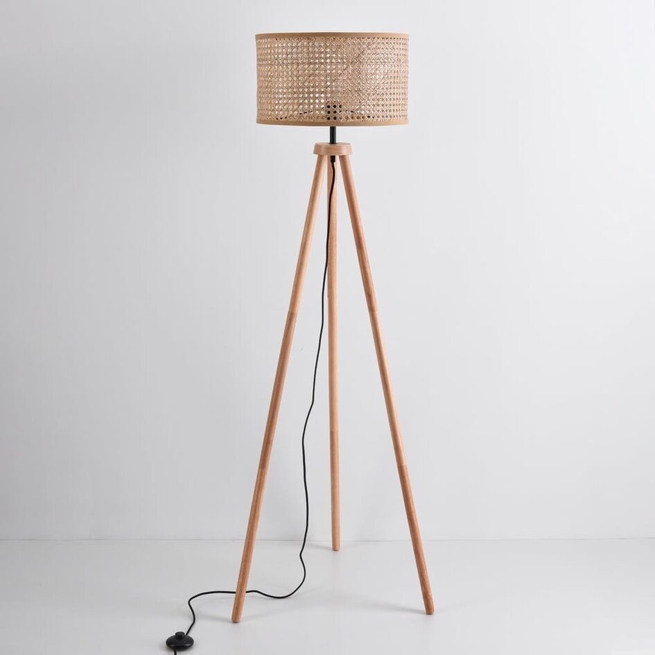 Lampadaire en bois trépied avec abat-jour en rotin - Vime