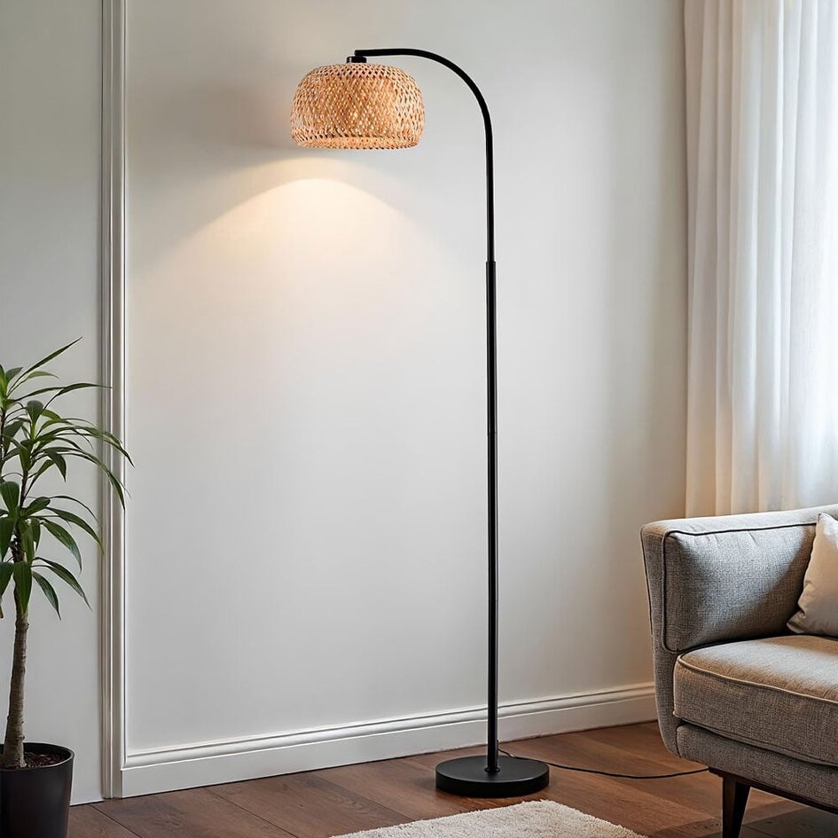 Lampadaire arc avec abat-jour en bambou - Seren
