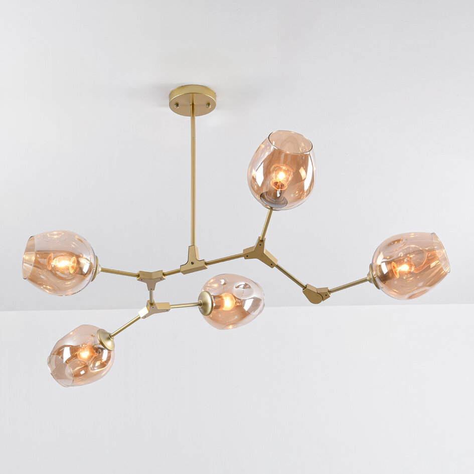Suspension design 5 lumières en doré avec verre ambré - Thelma