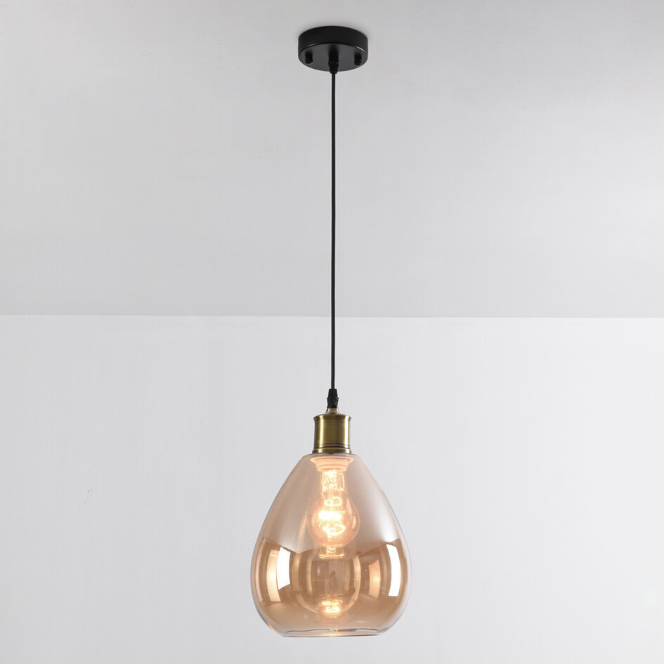 Suspension 1 lumière Verona ambre - verre lisse en forme de goutte
