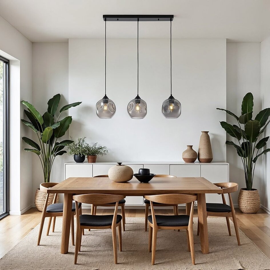 Lampe suspendue à 3 lumières Fayen noir avec verre fumé ondulé