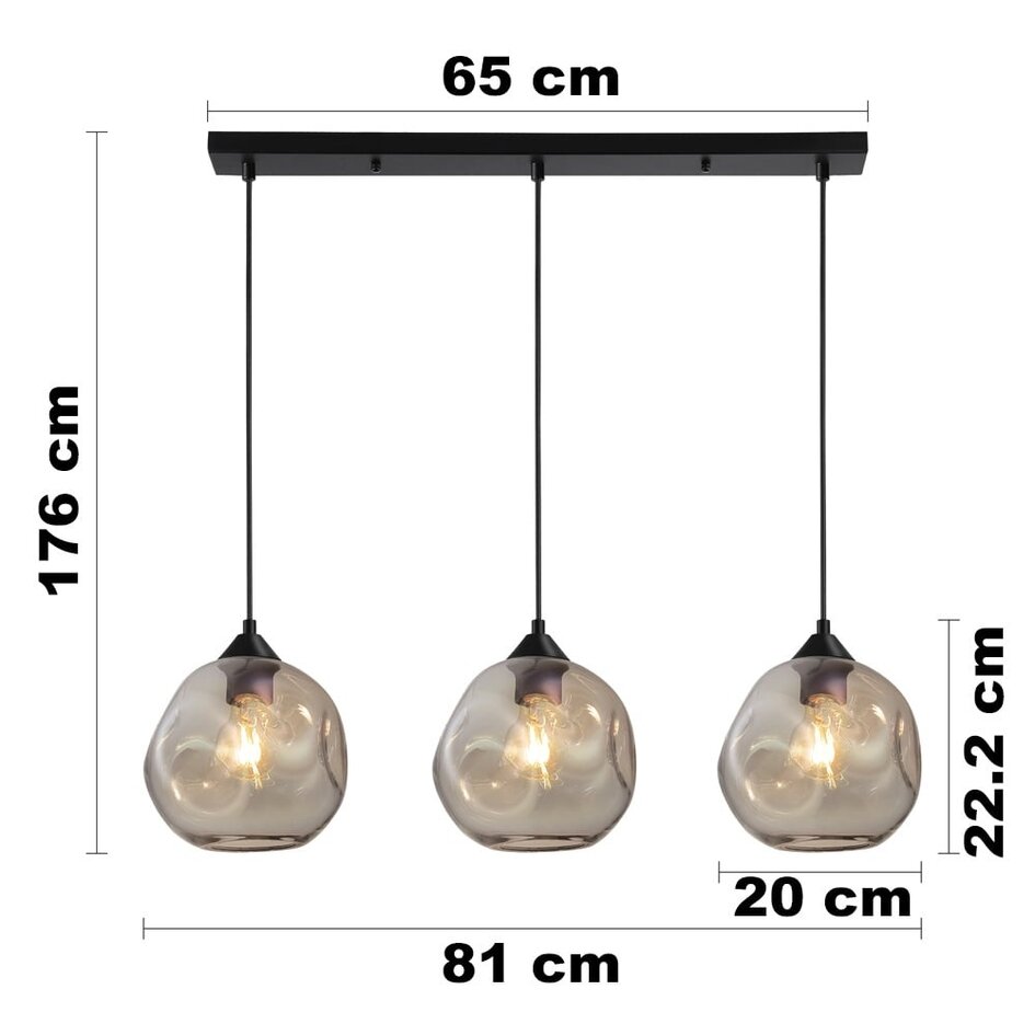 Suspension Fayen 3 lumières - noir et verre cognac