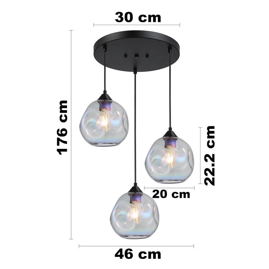 Lampe suspendue design Fajah noir avec verre nacré de forme organique, 3 lumières