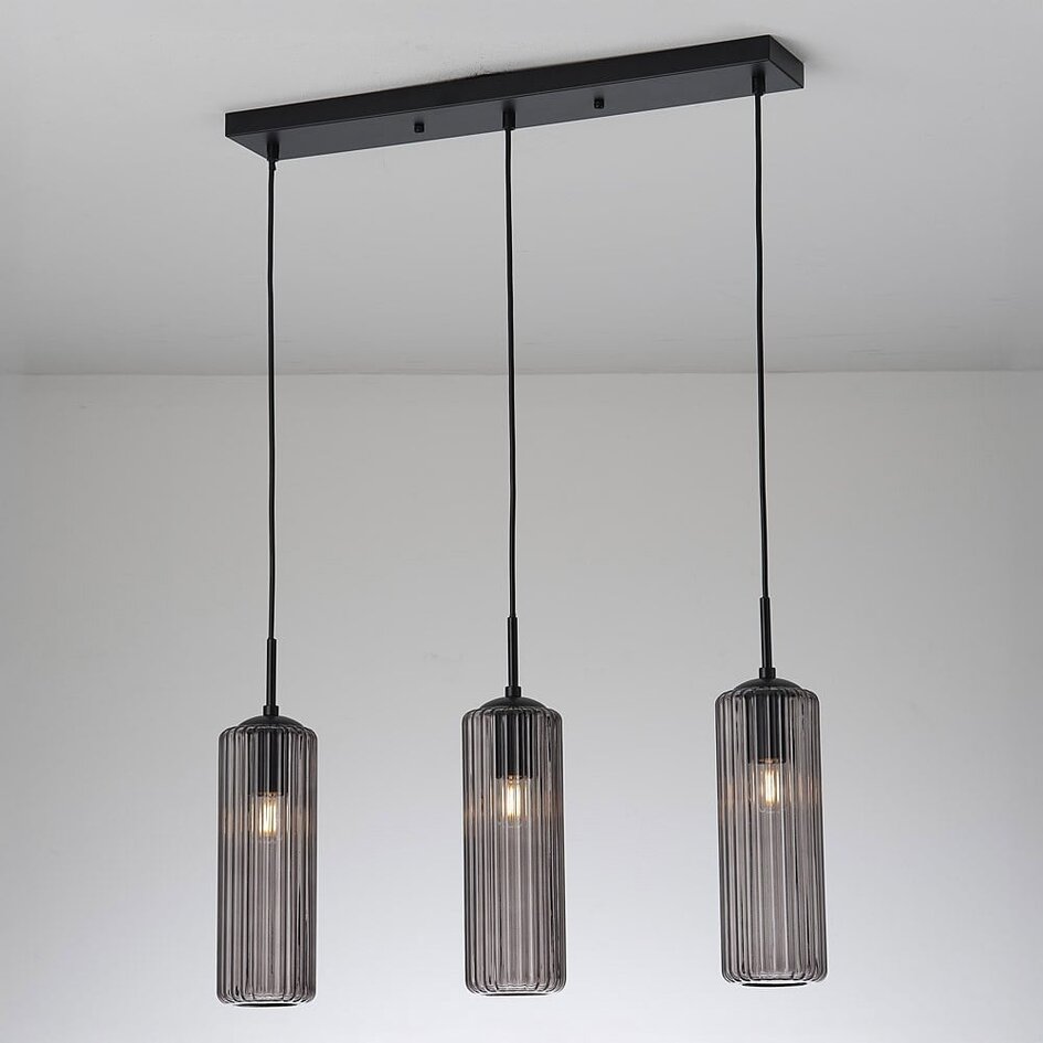 Suspension rétro noire avec verre fumé nervuré, 3 lumières - Giove