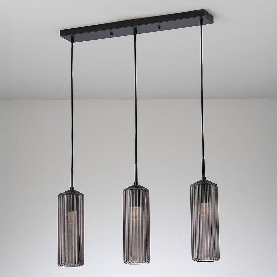 Suspension Giove 3 lumières - noir et verre fumé nervuré