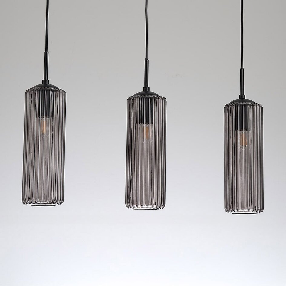 Suspension rétro noire avec verre fumé nervuré, 3 lumières - Giove