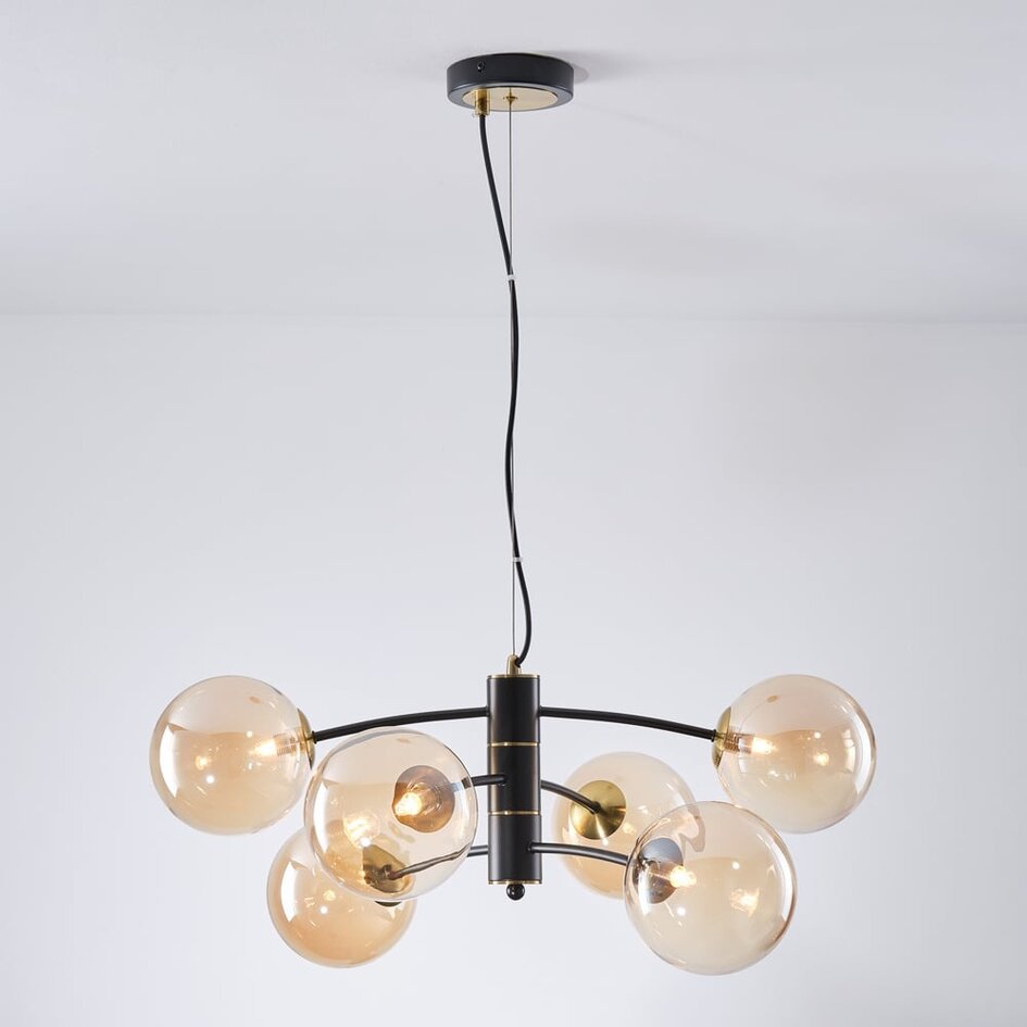 Lampe suspendue Murano en verre ambré, 6 lumières - noir
