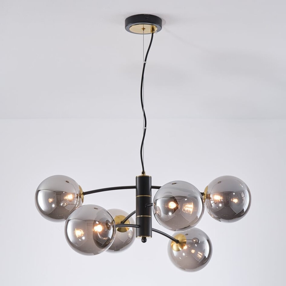Suspension Murano 6 lumières - noir et verre fumé
