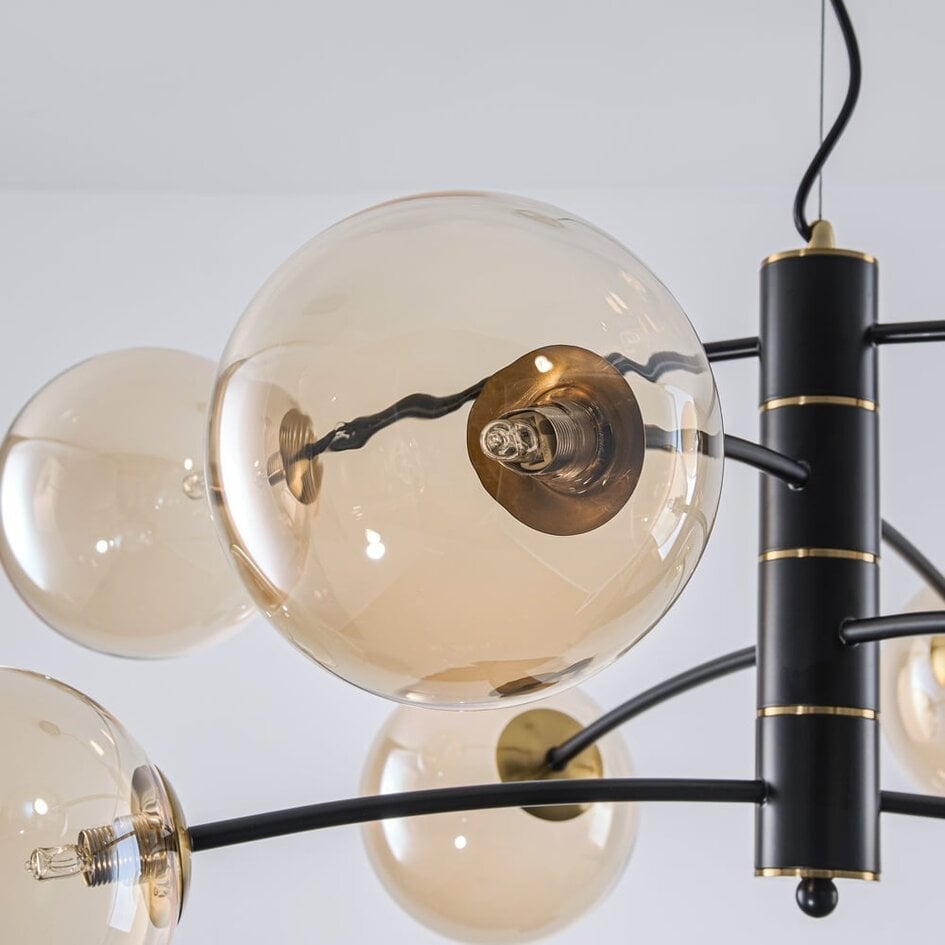 Lampe suspendue noire Torino avec verre ambré, 8 lumières