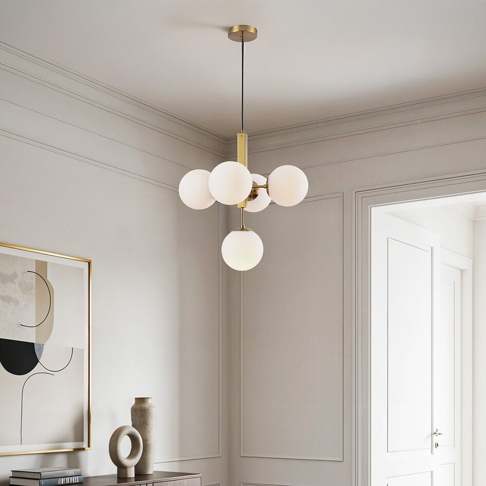 Suspension moderne, 5 lumières Kenji - verre blanc laiteux