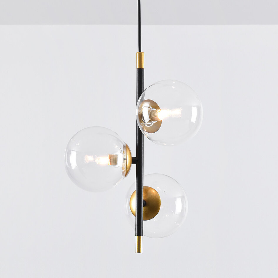 Suspension Nisrin 3 lumières en verre transparent - noir et doré