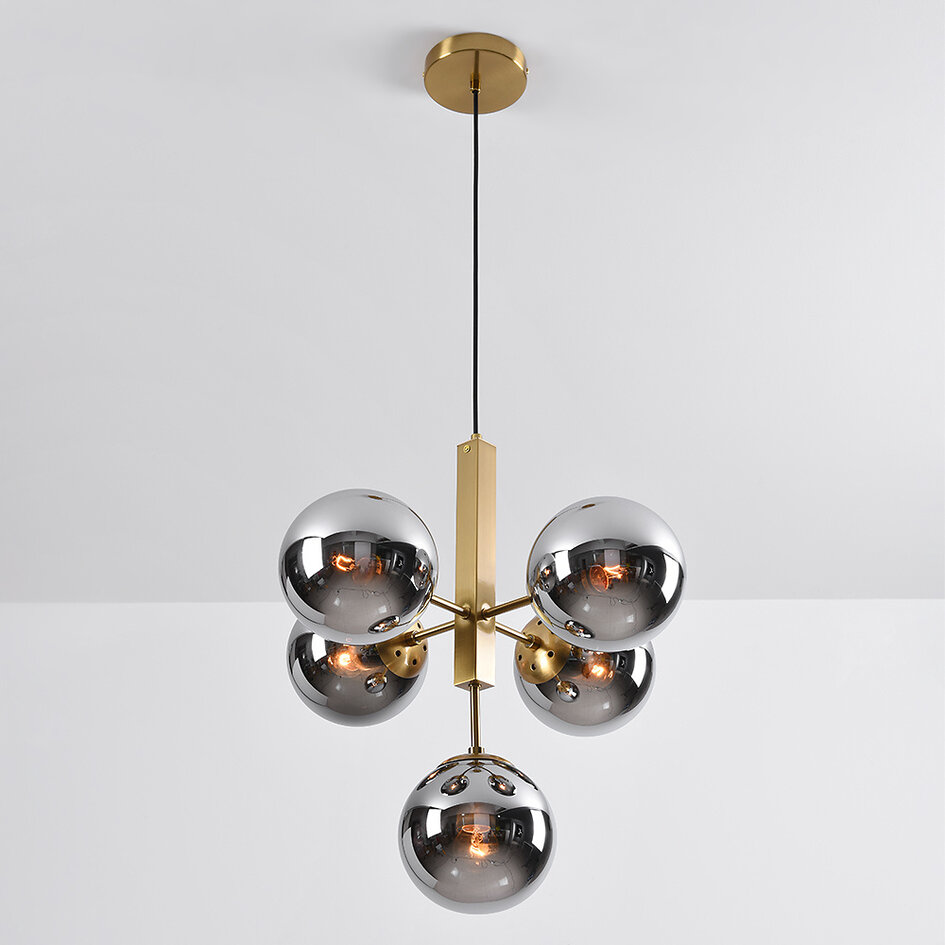 Suspension moderne, 5 lumières Kenji - verre fumé à effet miroir