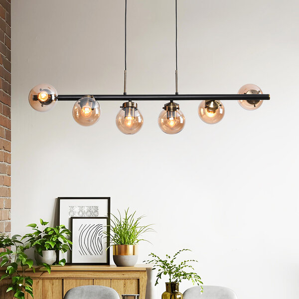 Suspension design 6 lumières Guadeloupe - noir et verre ambré