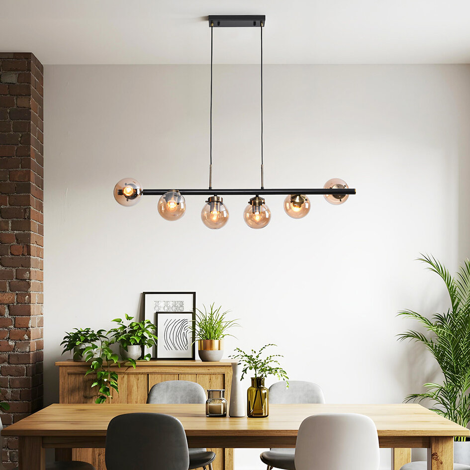 Suspension design 6 lumières Guadeloupe - noir et verre ambré