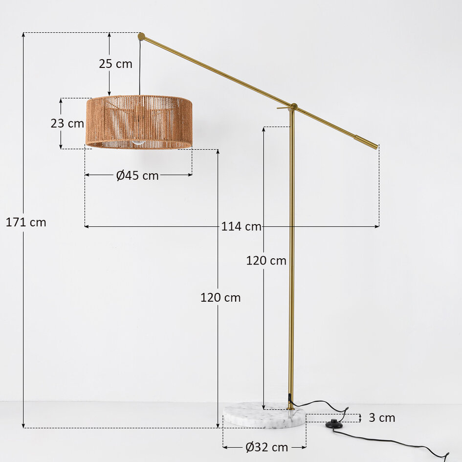 Lampadaire Bask réglable avec abat-jour naturel - laiton