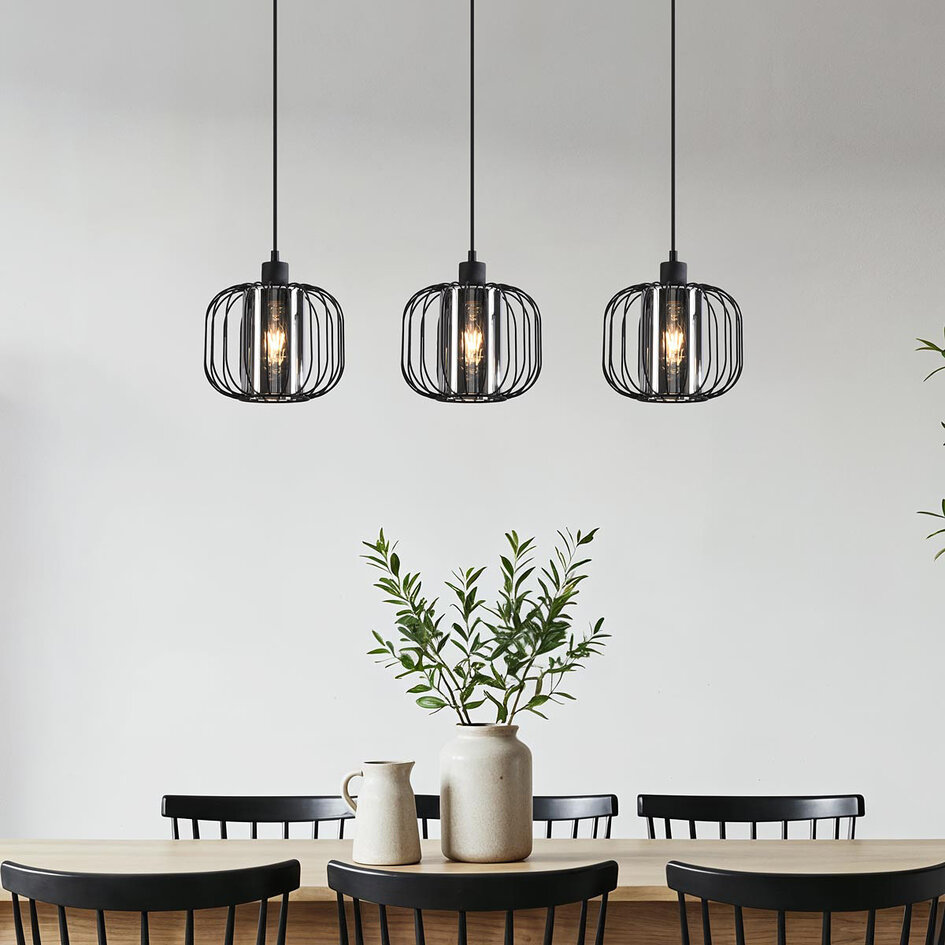 Lampe suspendue Dilan avec verre fumé, 3-lumières - noir
