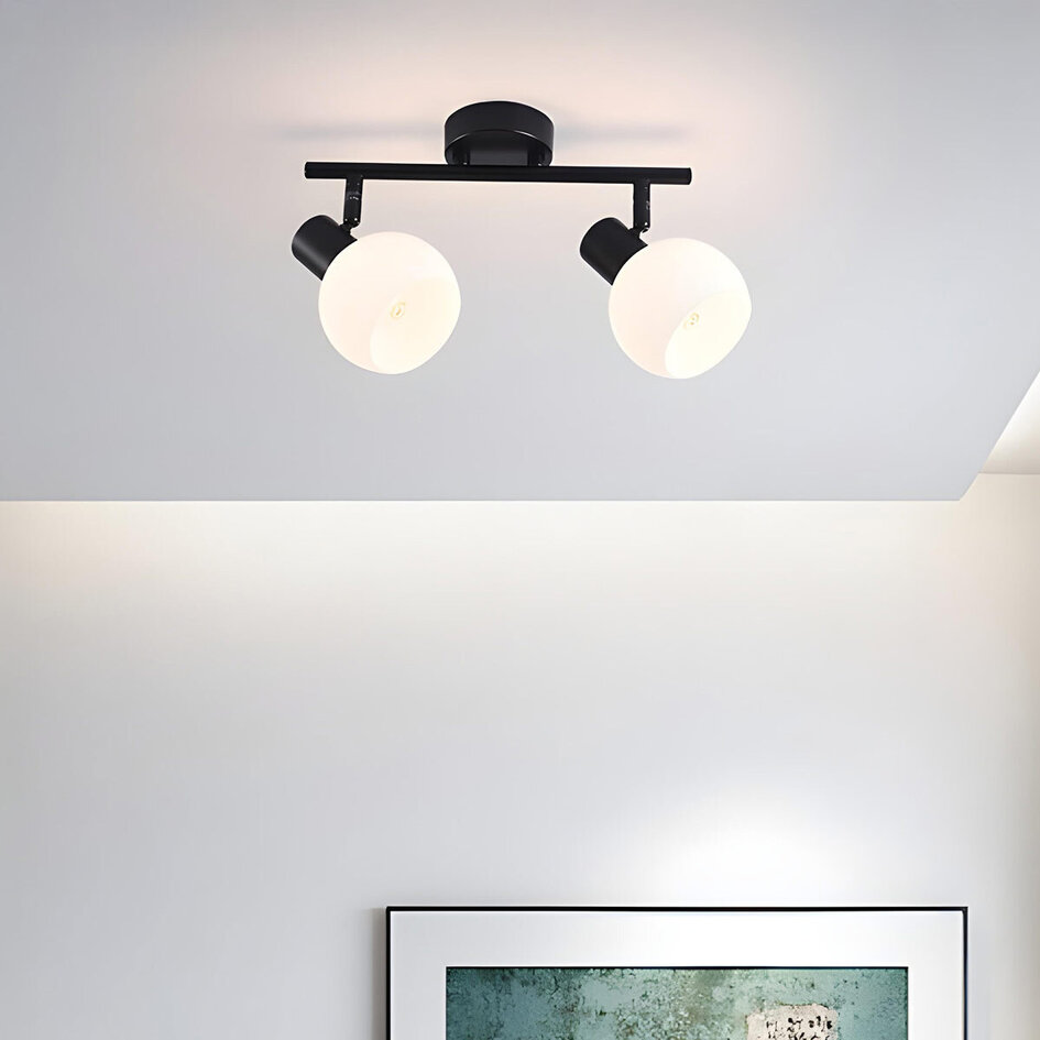 Plafonnier noir Phiene avec 2 spots en verre blanc laiteux orientables