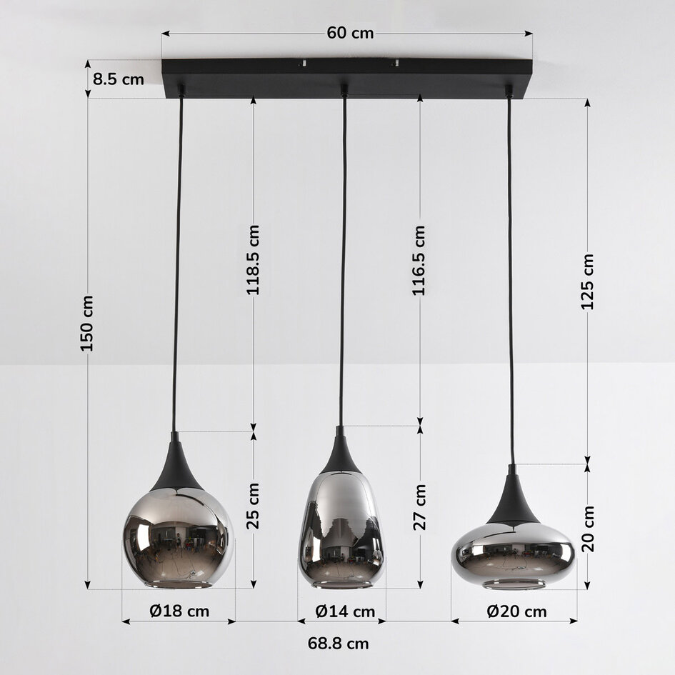 Suspension Lovi 3 lumières - noir, verre fumé gris et effet miroir