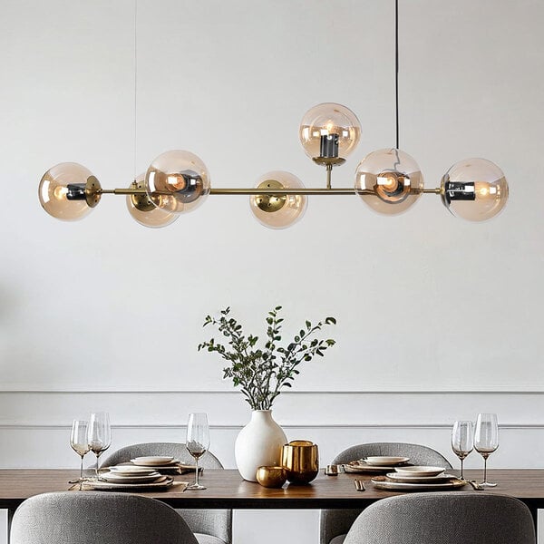 Suspension design 7 lumières Sette - verre ambré et doré