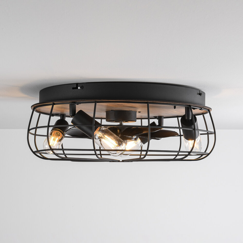 Ventilateur de plafond industriel noir et fond effet bois - Fistik