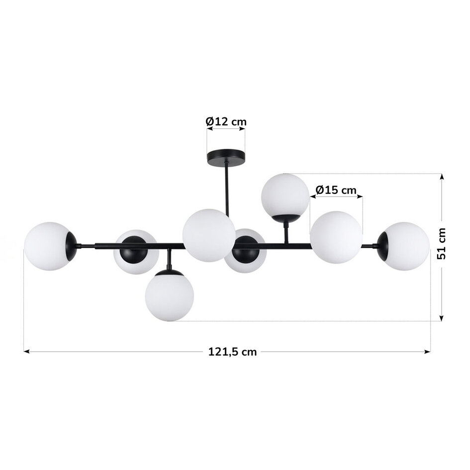 Plafonnier Osem 8 lumières - noir avec globes en verre opalin