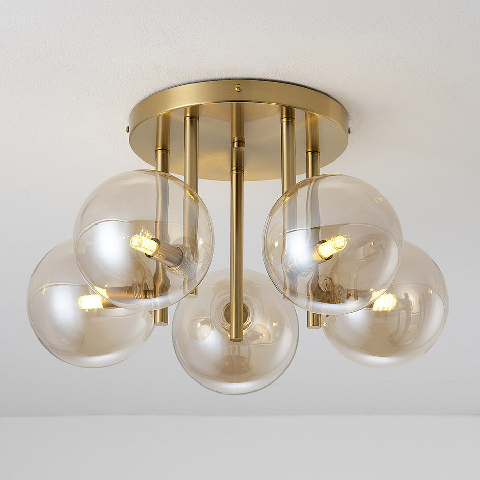 Plafonnier moderne Amora en laiton et verre cognac, 5 lumières