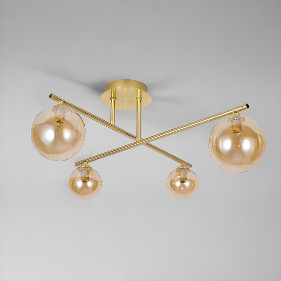 Plafonnier élégant, 4 lumières or avec verre ambré - Nymo