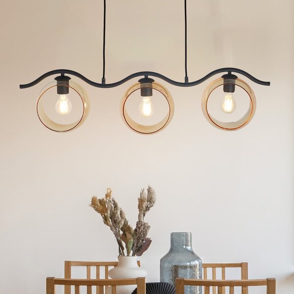 Suspension Curvatura 3 lumières - noir et verre ambré