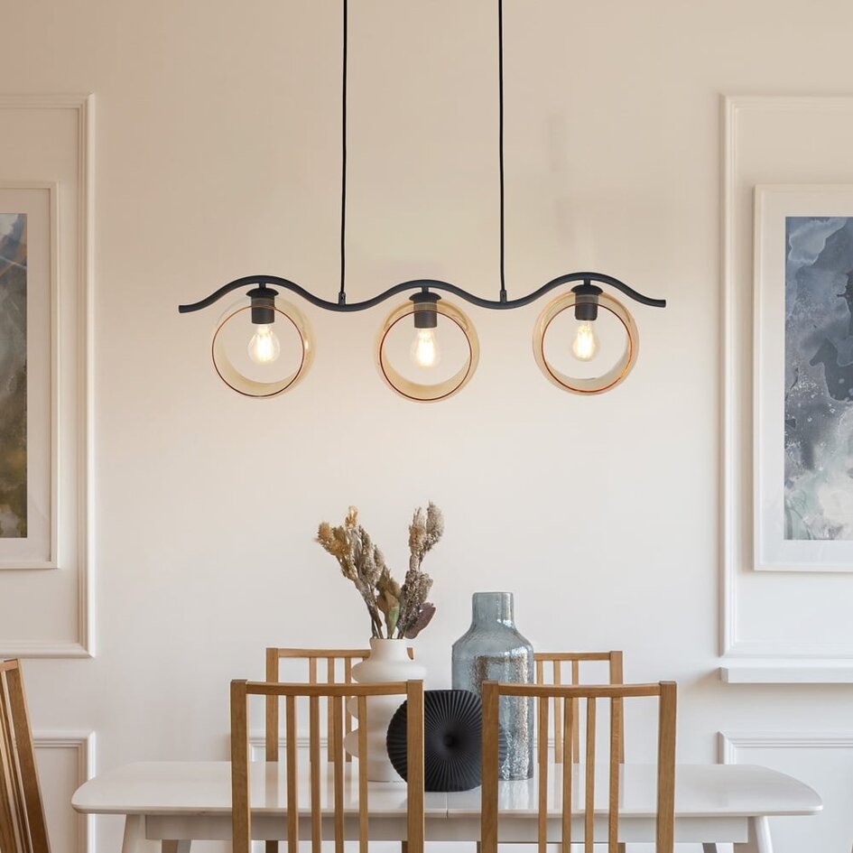 Suspension moderne en verre ambré rond, 3 lumières - Curvatura