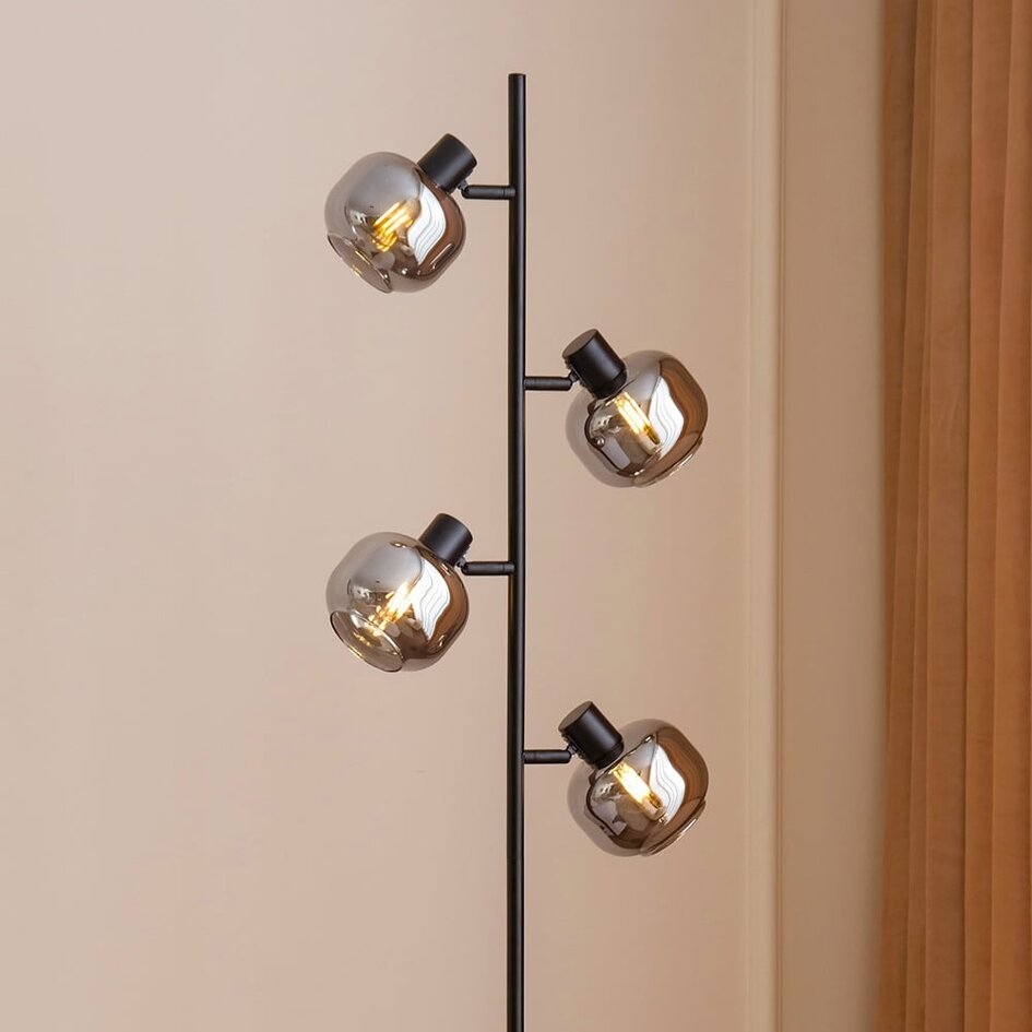 Lampadaire noir avec verre gris fumé à effet miroir, 4 lumières - Jesse