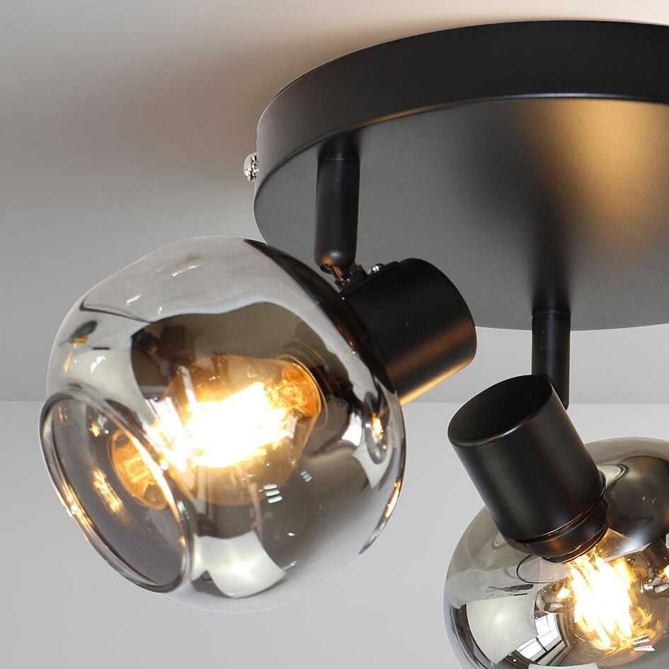 Plafonnier rond noir avec verre fumé à effet miroir, 3 lumières - Jenthe