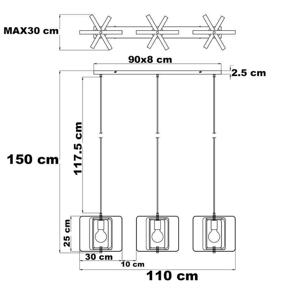 Lampe suspendue industrielle, 3 lumières - Maiko